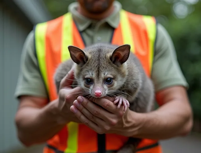 Animal handler safely recovering a deceased possum in Woodstock