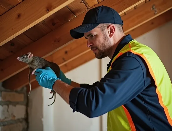 Technician inspecting a roof cavity for a dead rat in Woodstock